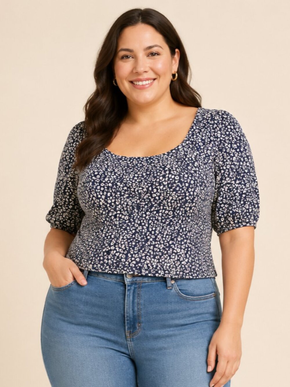 A420 • Navy Micro Floral Puff Sleeve Blouse